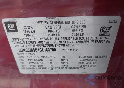 2016 Chevrolet Trax Ltz z USA, uszkodzony, nr VIN 3GNCJMSB1GL163700